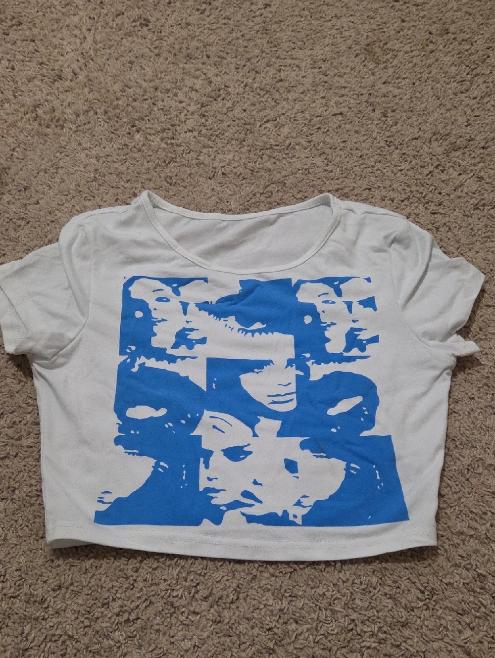 SHEIN White Crop Tee with Blue Pop-Art Faces